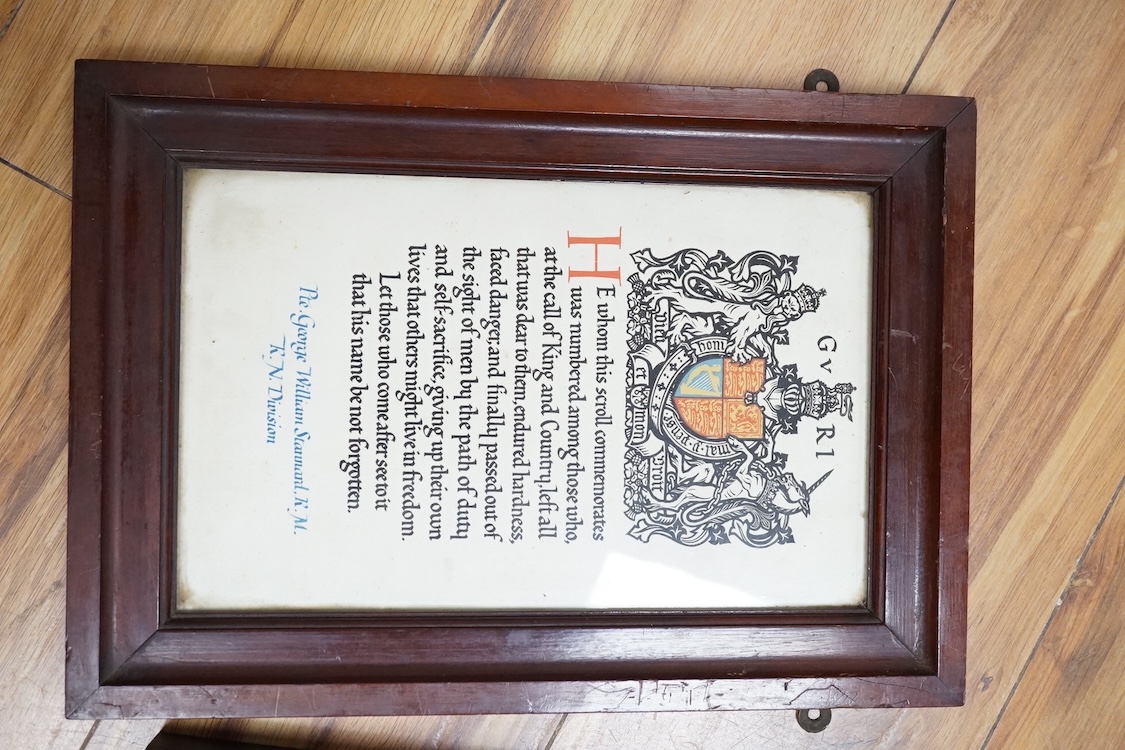 Two First World War medal groups; a framed medal trio and memorial plaque awarded to Pte. George William Stannard R.M. R.N. Division, with the scroll in a separate matching frame, together with a medal pair awarded to 20